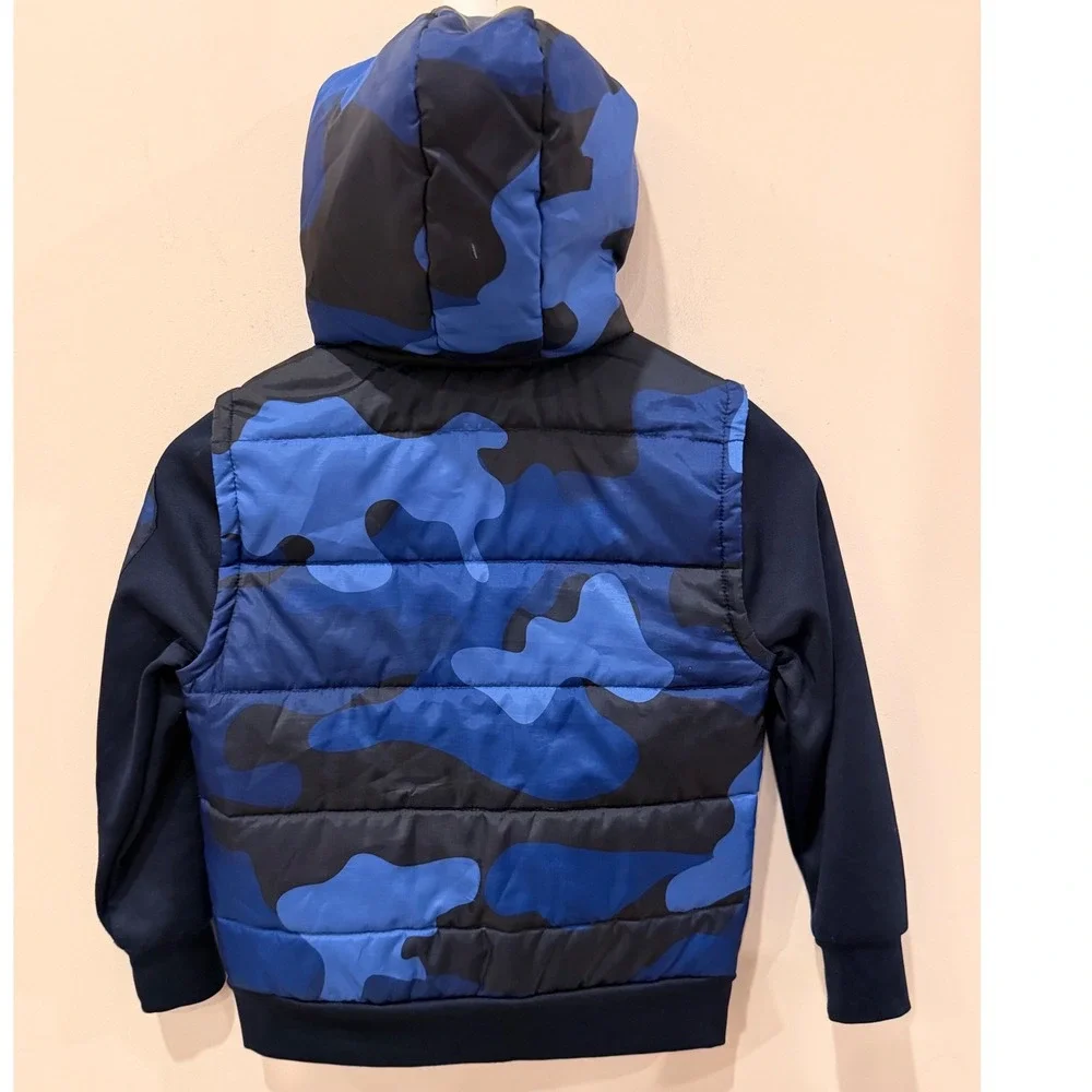Reebok Boys Blue Camo Hybrid Puffer Jacket Hooded Full Zip Coat Size 6/7 S